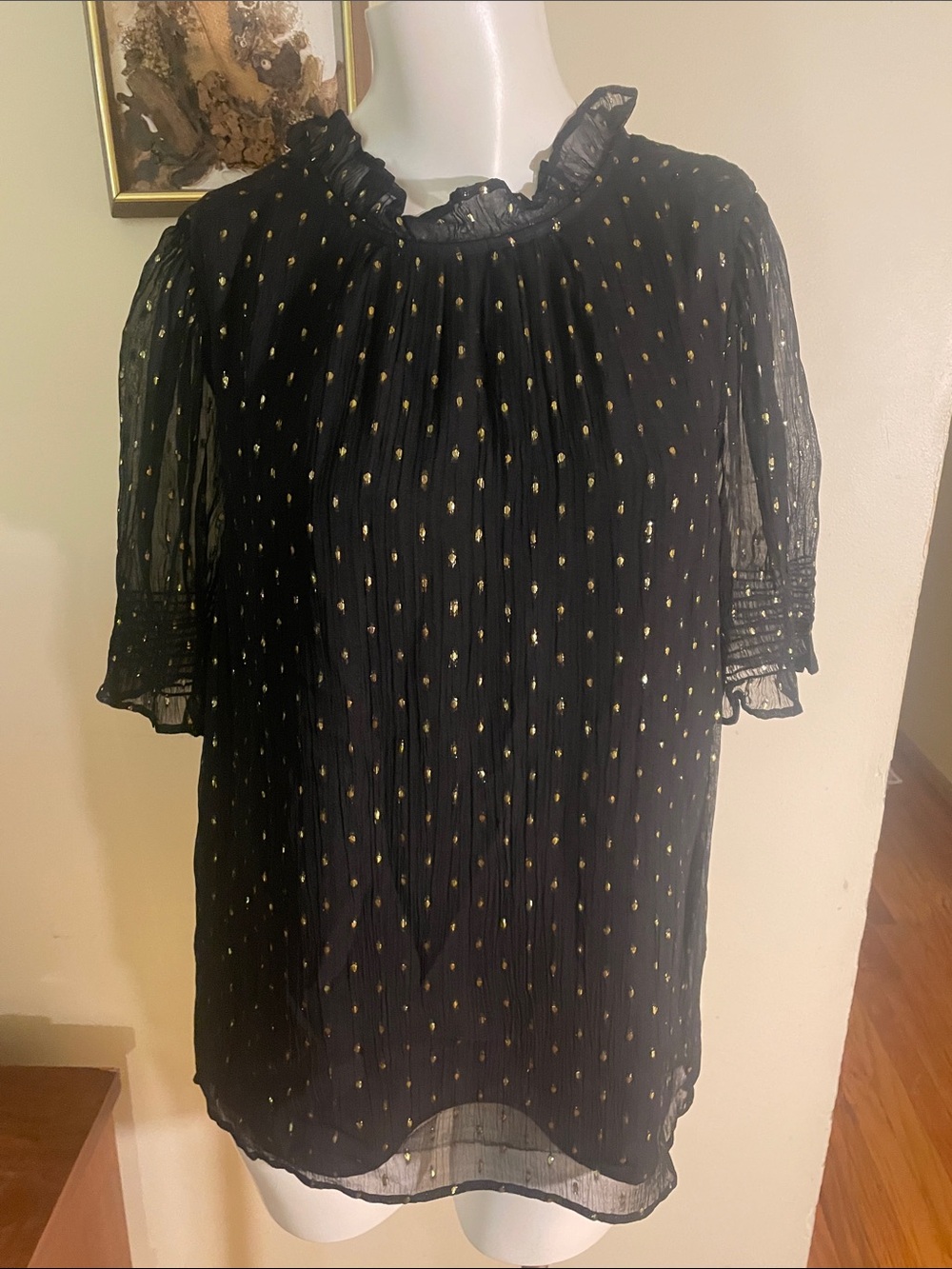 J. Crew Black Sheer Layered Ruffle-Neck Blouse with Gold Dot Accents